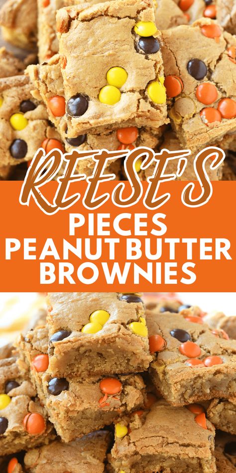 Chewy REESE\'s PIECES Peanut Butter Brownies Brownies With Reeses Pieces, Dessert Recipes Easter Simple, Recees Peanut Butter Brownies, Reeses Pieces Brownies Recipe, Easy Pb Dessert Recipes, Reese Peanut Butter Brownies, Reese’s Peanut Butter Blondies, Reese’s Pieces Brownies, Yellow Cake Mix Peanut Butter Bars