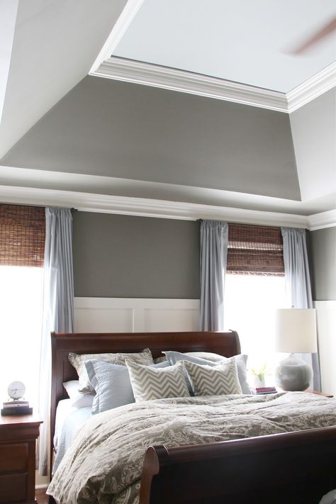 Raised Bedroom Ceiling, Crown Molding Bedroom Ceilings, Angled Tray Ceiling Ideas, Bedroom Tray Ceiling Paint Ideas, Sw Anonymous, Angled Tray Ceiling, Tray Ceiling Crown Molding, Crown Molding Tray Ceiling, Tray Ceiling Paint Ideas