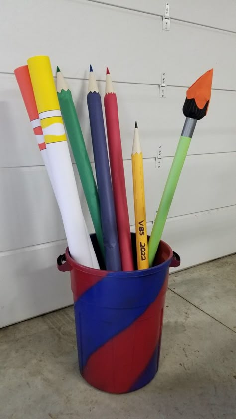 Pool Noodle Markers, Art Room Decoration School, Giant Paint Brush Prop, Giant Art Supply Props, Giant Paintbrush Prop, Giant School Supplies Props, Diy Giant Paint Brush, Giant Art Supplies, Pool Noodle Paint Brush