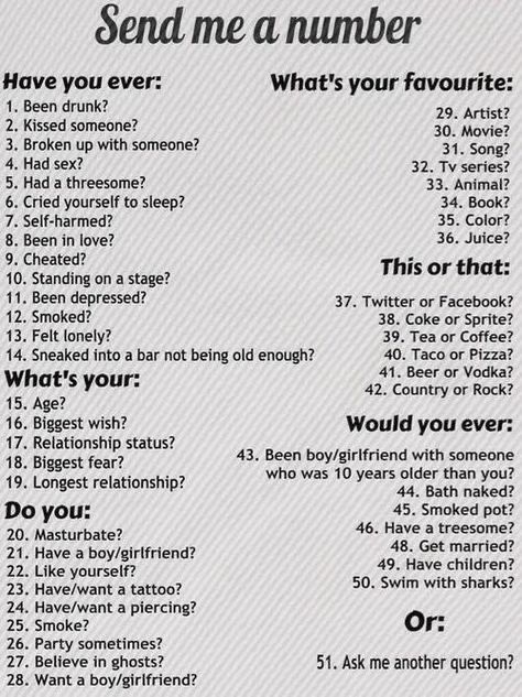 Send Me A Number Game, Pick A Number Questions, Send Me A Number, Pinterest Besties, Question And Answer Games, Clever Pick Up Lines, Question Games For Couples, Text Conversation Starters, Deep Conversation Topics