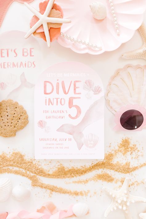 DIVE INTO FIVE modern pink mermaid pool party — emelbe design Pink Mermaid Party, Mermaid 5th Birthday Party, Mermaid Pool Parties, Mermaid Pool, Mermaid Theme Birthday Party, 5th Birthday Party, 5th Birthday Party Ideas, Mermaid Theme Party, Mermaid Theme Birthday