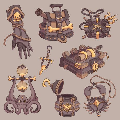 Asset Concept Art, Pirate Props Concept Art, Steampunk Props Concept Art, Animation Prop Design, Fantasy Props Art, Stylized Props Concept Art, Game Props Concept, Pirates Concept Art, Prop Design Concept Art