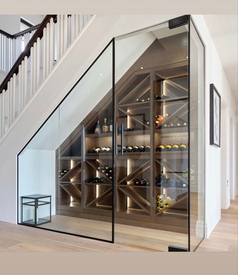 Under Stairs Wine Cellar, Wine Cellar Basement, Glass Wine Cellar, Stairs In Kitchen, Wine Closet, Home Bar Rooms, Stairs Design Interior, Home Wine Cellars, Under The Stairs