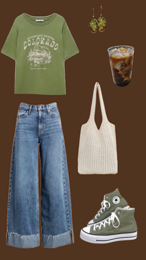 #outfit #green #casual #converse #aesthetic #style #cute #fashion #clothing #granolagirl #granola #adventure #collage #coffee #outfitcollage Mint Green Converse Outfit, Cool And Casual Outfits, Olive Green Clothes Aesthetic, Granola Casual Outfits, Cute California Outfits, Noah Kahan Inspired Outfit, Soft Boho Aesthetic Outfits, Crunchy Granola Outfits, Converse Green Outfit