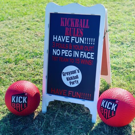 Fun kids kickball Party Kickball Party Decorations, Kickball Party Ideas Birthdays, Kickball Party Ideas For Adults, Kickball Birthday Party Ideas, Kickball Tournament Fundraiser, Kickball Tournament Ideas, Take Me Out Two The Ball Game Party, Kickball Birthday Party, Wiffle Ball Birthday Party