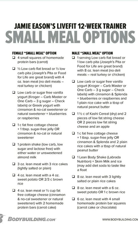 Small meal options Bodybuilding Meal Prep Female, Jamie Eason Meal Plan, Jamie Eason 12 Week, Jaime Eason, Competition Diet, Healthy Diet Meal Plan, Plant Based Diet Meal Plan, Jamie Eason, Daily Meal Plan