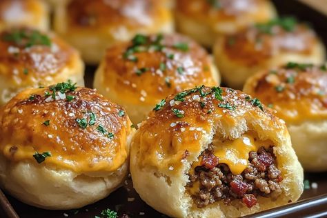 Garlic Parmesan Cheeseburger Bombs - Irresistibly Delicious! Biscuit Cups Ground Beef, Cheeseburger Biscuit Cups, Garlic Parmesan Cheeseburger Balls, Biscuit Bombshell, Garlic Parmesan Cheeseburger Bombshell, Biscuit Cheeseburger, Biscuit Sandwiches Ideas, Cheeseburger Biscuits, Biscuit Cups