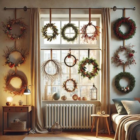 3 Wreaths On Wall, Tension Rod Ideas Christmas, Christmas Archway Decor Indoor, Curtain Rod Diy, Curtain Rod Ideas, Archway Decor, Temporary Room Dividers, Wicker House, Diy Curtain Rods