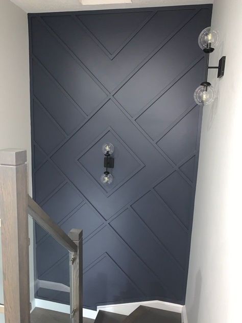 Custom Feature Wall, Geometric Accent Wall Stairwell, Stairwell Feature Wall Ideas, Stairway Feature Wall Ideas, Accent Wall In Stairway, Stairway Feature Wall, Large Stairwell Wall Decor, Black Walls Hallway, Stairwell Accent Wall Ideas