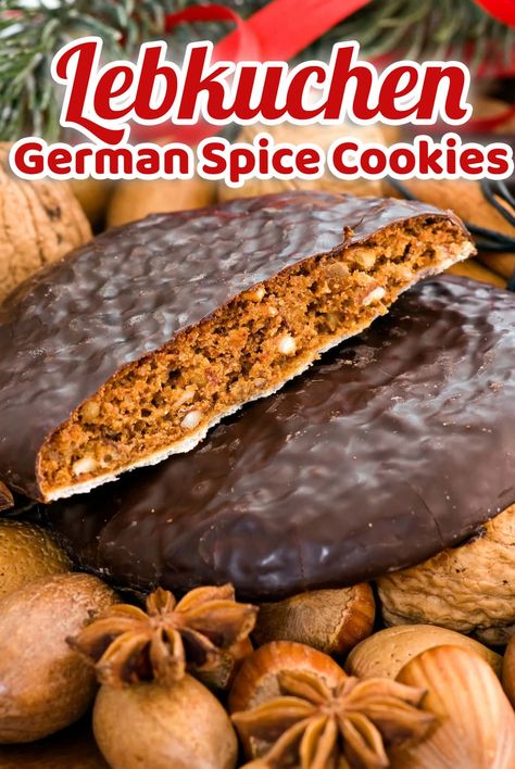 These German Spice cookies known as Lebkuchen are made from scratch and absolutely delicious! Glazed German gingerbread is a Holiday favorite and always the first thing to go on a Christmas cookie tray. German Spaghetti, German Spice Cookies, Thermomix Biscuits, Lebkuchen Cookies, German Gingerbread, Christmas Cookie Tray, German Christmas Cookies, German Cookies, German Foods