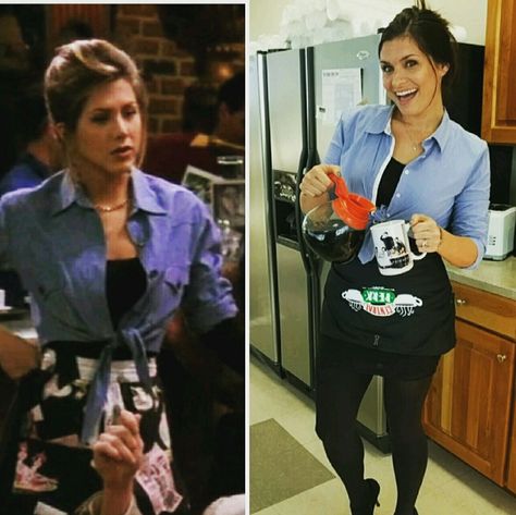 Rachel Green DIY Halloween costume Actresses Halloween Costume, Friends Rachel Costume, Rachel Green Outfits Halloween Costume, Funny 90s Halloween Costumes, Rachel Green Costumes Halloween, Halloween Outfit Brunette, Rachel Halloween Costume Friends, Rachel Friends Costume, Rachel Green Outfits Halloween