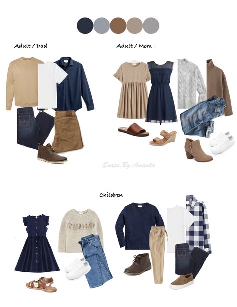 Outfit inspo for family photos Navy Tan And Cream Family Pictures, Navy Family Pictures Outfits Fall, Blue Grey Tan Family Pictures, Navy Dress Family Photos, Blue Cream Brown Family Photos, Fall Photoshoot Outfits Family Denim, Navy Fall Photo Outfits, Casual Outfits Family Photos, Family Photos Navy And White