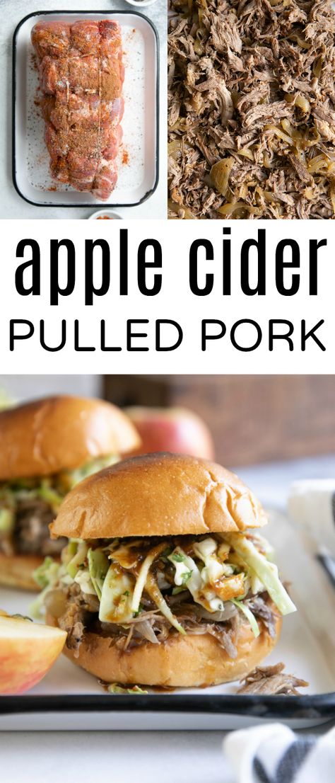 Slow Cooker Apple Cider Pulled Pork #pulledpork #appleciderpulledpork #apple #applerecipes #porkshoulder #slowcookerpork #pulledporksandwiches | For this recipe and more visit, https://theforkedspoon.com/apple-cider-pulled-pork/ Pulled Pork With Apple Cider Vinegar, Cider Pulled Pork, Apple Cider Pulled Pork, Pull Pork, Slow Cooker Apple Cider, Homemade Mozzarella Sticks, Pulled Pork Recipe Slow Cooker, Harvest Dinner, Slow Cooker Apple