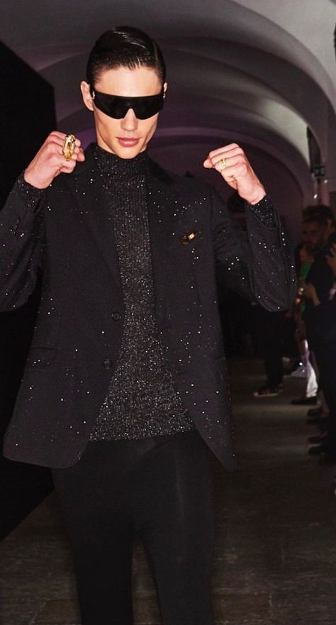 Black Met Gala Looks Men, Glam And Glits Outfit Men, Glitz And Glam Mens Outfit, Glitz And Glam Aesthetic Men, Black Glam Outfit Men, Sparkle Outfit Men, Male Nye Outfit, Black Glitter Suit Men, Men Glitz And Glam Outfit