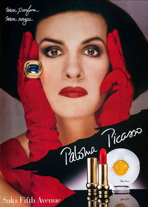 Paloma Picasso in a magazine ad for her eponymous fragrance and her Mon Rouge lipstick Perfumes Caravan, Makeup Advertisement, Vintage Makeup Ads, Perfume Versace, Perfume Art, Beauty Advertising, Makeup Ads, Rouge Lipstick, Retro Makeup