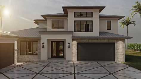 This contemporary coastal house plan has a 4-car split garage and stucco siding. A low 4:12 pitch on the tile roof gives the home a Mediterranean look.  Just inside the home, a large 2-story entryway is immediately adjacent to the formal living room that is warmed by a fireplace and features a cool hidden murphy door that leads to the garage. Further inside the home, the main living area is arranged in a beautiful open layout. The kitchen is a chef's dream that features a large island with 2 Story Stucco House, Garage On The Side Of The House, Modern House Layouts 2 Story, 2 Story House Layout, Small Dream House, Contemporary Coastal House, Modern 2 Story House, Modern Mediterranean House Design, 2 Story Modern House