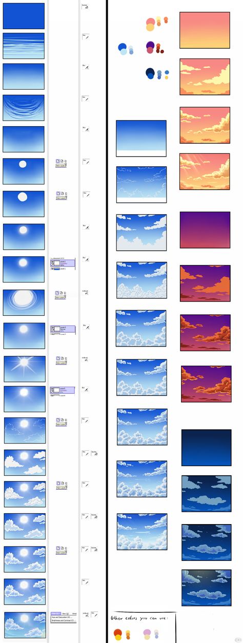 Sunset Background Digital Art, Sky Tutorial Drawing, Sunset Tutorial Digital, How To Draw Sun Rays Digital, Background Rendering Tutorial, Digital Art Background Tutorial Simple, Sky Drawing Tutorial Digital, Sky Art Tutorial, Manga Background Tutorial