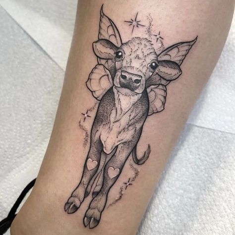 Cow Tattoo For Women, Black Cow Tattoo, Cow Leg Tattoo, Tofu Tattoo, Cow Tattoo Design, Calf Cow Tattoo, Flying Cow Tattoo, Cow Tattoo Stencil, Pink Cow Tattoo