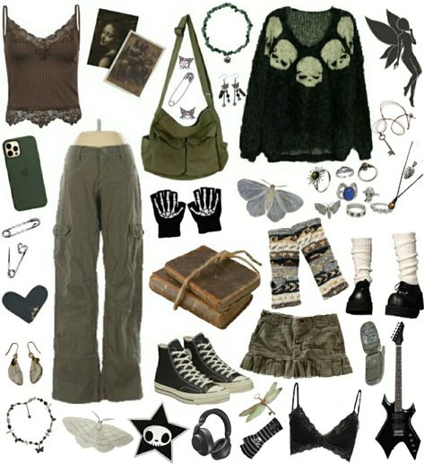 Forestpunk Aesthetic Outfit, Forest Punk Aesthetic Outfits, Forest Green Clothes, Forest Outfit Aesthetic, Therian Outfits, Punk Aesthetic Outfit, Forest Outfits, Goblincore Outfits, Grunge Fits