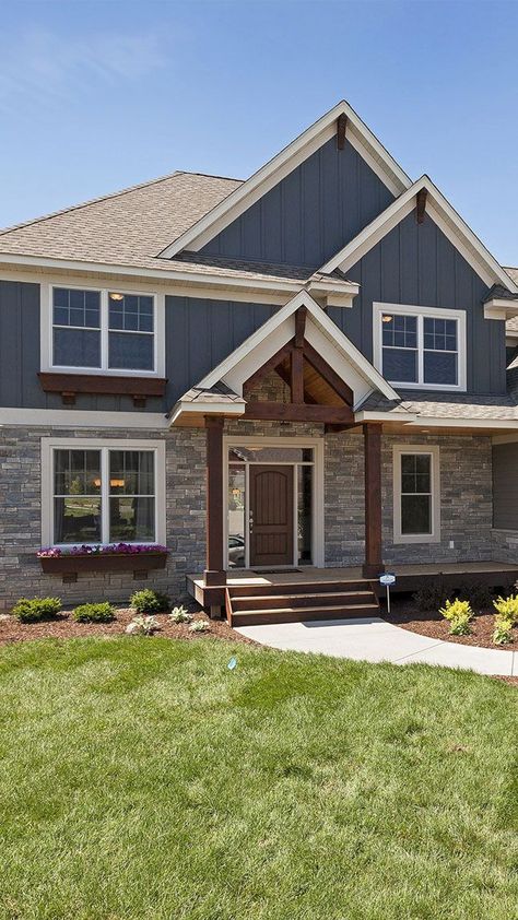 Blue Siding House With Stone, Wood Siding House Exterior, Blue Siding House, Wood Siding House, Brown Houses, Dark Blue House Exterior, Siding House, Wyoming House, Dark Blue Houses