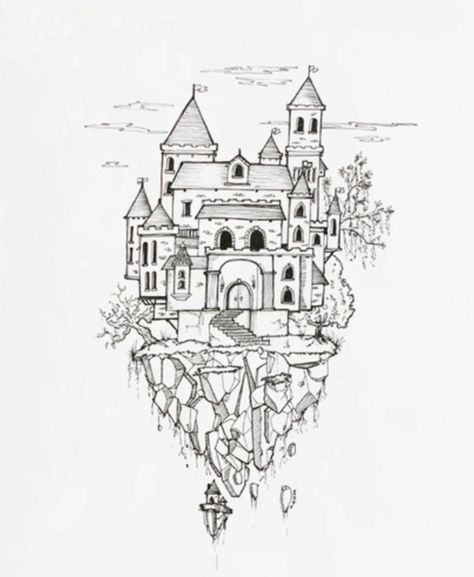 Castle In The Sky Sketch, Floating Castle Tattoo, Floating Castle Drawing, Floating Island Sketch, Easy Fantasy Drawings, Background Reference Drawing, Floating Island Drawing, Drawing Castle, Sky Village