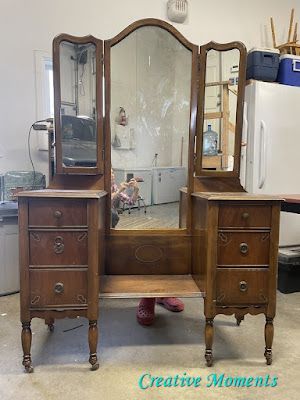 Vintage Desk Makeover Painted Furniture, Refinished Dresser With Mirror, Refurbished Vanity Ideas, Antique Vanity Dresser Makeover, Vanity Redo Ideas, Antique Dresser With Mirror Makeover, Vintage Dresser Bathroom Vanity, Vintage Vanity Refurbished Diy, Old Vanity Makeover