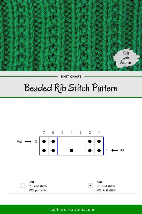 free printable knitting stitch chart from aabharcreations for beaded rib stitch knitting pattern Beaded Rib Stitch, Type Of Knitting Stitches, Seed Stitch Knitting Pattern, Knit Stitch Patterns Free Charts, Knitting Rib Stitch Patterns, Seed Stitch Knitting, Knit Stitch Patterns Texture, Knit Ornament Pattern, Diy Macrame Projects