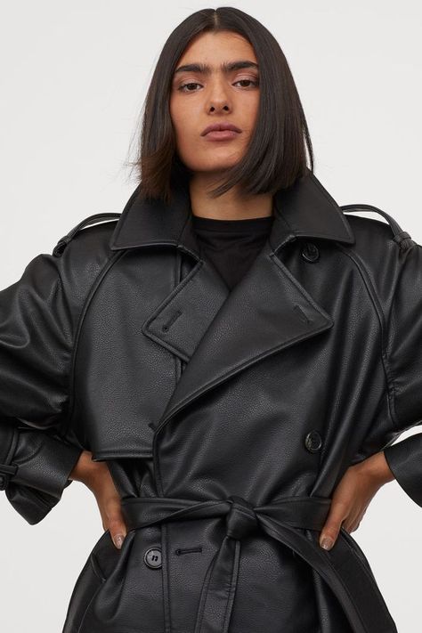 H&M Faux Leather Trenchcoat Raglan Coat, Coat Belt, Biker Leather Jacket, Double Breasted Trench Coat, Leather Trench, Trench Coat Black, Biker Leather, Leather Trench Coat, Lady Biker