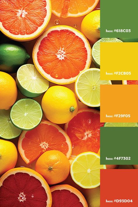 A green, yellow & orange citrus color palette from an image of oranges, lemons, limes and grapefruits. Citrus Color Palette, Lime Green Kitchen, Yellow Palette, Paint Color Wheel, Color Design Inspiration, Orange Color Palettes, Orange Citrus, Green Palette, Color Palette Bright