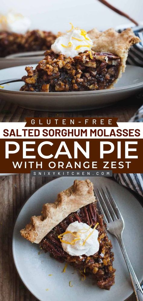 Looking for the best Thanksgiving food ideas? This Gluten-Free Salted Sorghum Molasses Pecan Pie with Orange Zest is less sweet than traditional pecan pie, and the filling is nutty and robust. Pin this Thanksgiving dessert recipe idea! Molasses Pecan Pie Recipe, Molasses Pie Recipe, Thanksgiving Food Ideas, Flaky Salt, Thanksgiving Food, Orange Zest, Pecan Pie, Dessert Recipe, Molasses