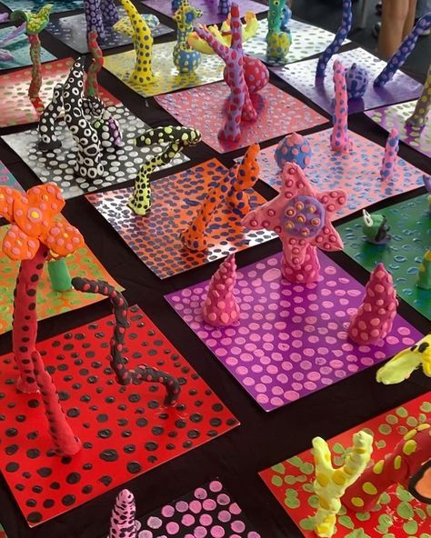 Westgarth P.S Art | On Friday afternoon we had a mini exhibition of the Grade 3 Yayoi Kusama inspired sculpture and collage unit. It was such a joy to see all… | Instagram Yayoi Kusama Inspired Art, Yayoi Kusama Sculpture, Yayoi Kusama Art Lesson For Kids, Yayoi Kusama Art Lesson, Mini Exhibition, Yayoi Kusama Art, Art Club Projects, January Art, Yayoi Kusama Pumpkin