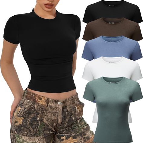 PRICES MAY VARY. High-quality: Crafted from a luxuriously soft and skin-friendly fabric, our basic tops for woman offer a second-skin feel. 5 piece Y2k shirts are made of 90% polyester and 10% spandex. High quality elastic fabric,light weight, super soft and skin-friendly, make you more comfortable to wear. Timeless Crop Tops Design: Discover the charm of our short sleeve t shirts - Going Out Crop Tops for women, Sexy shirts, slim fit crop tops, short sleeve, crew neck, solid color, plain unders Under Shirt Women, Clothes For Women Y2k, Tight Tops For Women, Amazon Shirts Women, Cute Fitted Tops, Basic Tees Women, Tight Shirts For Women, Plain Shirts Women, Tops For Large Bust