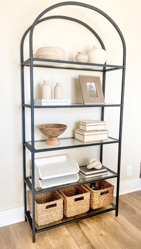 Living Room Arch Shelves, Arch Bookshelf Styling, Arched Shelf Decor, Metal Bookshelf Styling, Arched Shelving Unit, Arch Shelf Decor, Arched Bookshelf Styling, Rounded Bookshelf, Round Shelf Decor Ideas