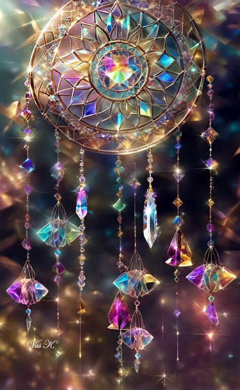 Sparkling crystal dream catcher, by Vas K. Forts Aesthetic, Crystal Dream Catcher, Hanging Suncatchers, Crystal Mandala, Crystal Suncatchers Diy, Inner Landscape, Crystal Room, Dream Catcher Art, Pink Wallpaper Girly