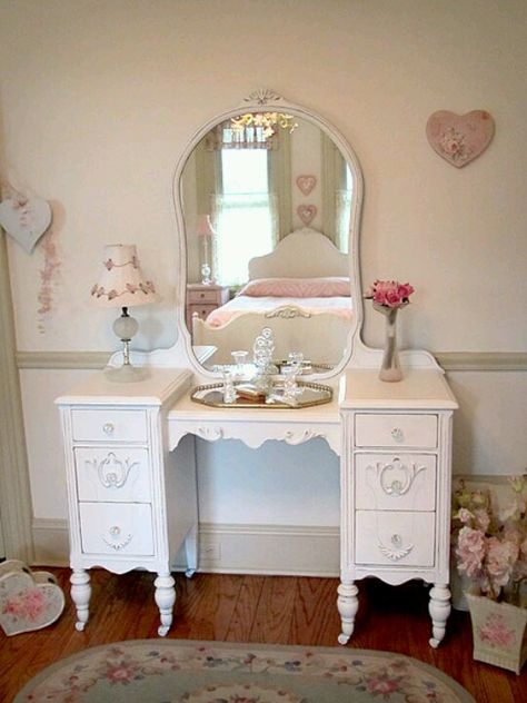 Late 1800s Victorian walnut vanity two pedestal bases on tapered legs and molded mirror - ignore the paint it's hideous Vintage Vanity Ideas, Master Bedrrom, White Furniture Bedroom, Beautiful Vanities, White Bedroom Vanity, Vanity Desks, Dollhouse Dresser, Antique White Furniture, French Provencial