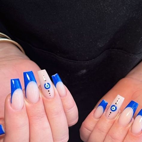 Blue Evil Eye Nails Square, The Evil Eye Nails, Dark Blue Nails Evil Eye, Dark Blue Evil Eye Nails, Evil Eye Acrylic Nail Designs, Evil Eye Square Nails, Evil Eye Nails Simple, Evil Eye Nails Coffin, Evil Eye Acrylics