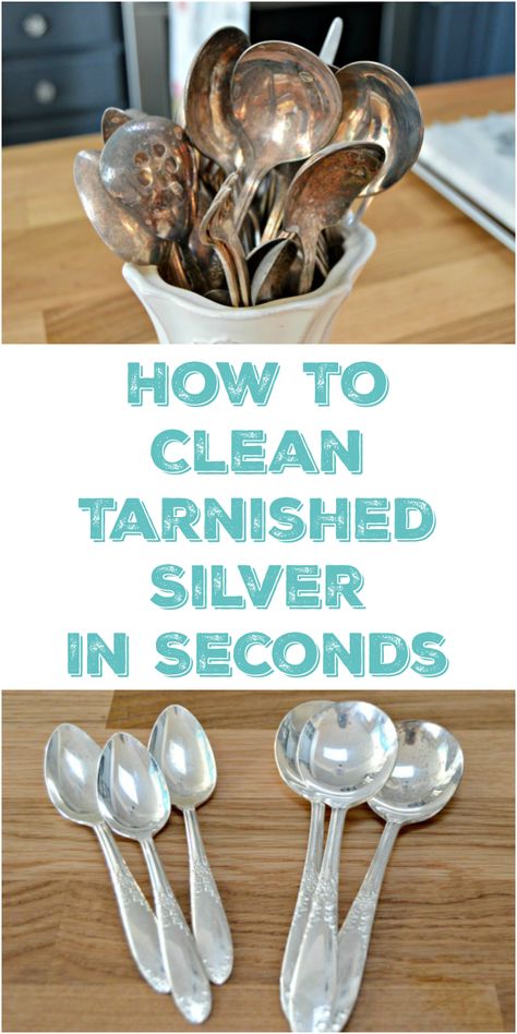 How To Clean Silver and Remove Tarnish in seconds with no harmful chemicals. via @Mom4Real Clean Tarnished Silver, Cleaning Tarnished Silver, Clean Hacks, Homemade Toilet Cleaner, Clean Baking Pans, Cleaning Painted Walls, How To Clean Silver, Glass Cooktop, Deep Cleaning Tips