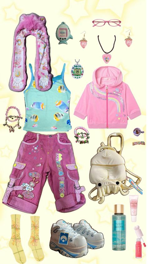 y2k blue yellow pink juminocore 2000s outfit jfashion kawaii kidcore Pink Juminocore, Fairykei Outfit, Juminocore Outfit, Kidcore Clothes, Kidcore Outfit, Kawaii Kidcore, Drawing Outfits, Jfashion Kawaii, Kidcore Y2k