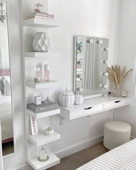 You can also have your very own boudoir with a fabulous vanity table with dazzling Hollywood mirrors and a sleek open vanity shelf at the side. Image credit: INSTAGRAM @HOMEOFMISSPLUM White Room Makeover, Rooms Aesthetic Ideas, White Room Ideas Aesthetic, Guess Room Ideas, Roof Room Bedroom, Wall Decorations For Bedroom, Bedrooms Ideas For Small Rooms, Make Up Desk Ideas, Room Decor Pink And White