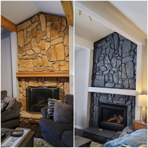 Rock Fireplace Painted Black, Painted Stone Fireplace Black, Black Limestone Fireplace, Painted Black Stone Fireplace, Black Painted Stone Fireplace, Modern Cabin Interior Living Room, Black Stone Fireplace Ideas, Painting Brick Fireplace Black, Black Rock Fireplace