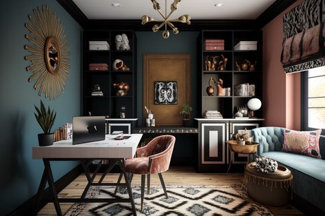 Spooky Home Office, Boho Office Ideas Bohemian, Vintage Home Offices Cozy, Acupuncture Office Decor, Office Decor Maximalist, Dark Modern Office Design, Boho Studio Apartment Decorating, Boho Office Inspiration, Eclectic Office Decor Workspaces