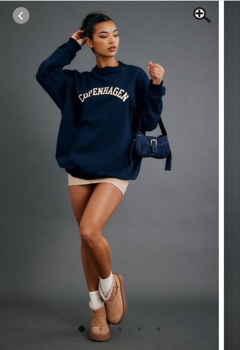 Sweatshirt Mini Skirt Outfit, Navy Blue Sweatshirt Outfit, Sweatshirt Skirt Outfits, Oversized Pullover Outfit, Navy Sweatshirt Outfit, Navy Jumper Outfit, Printed Sweatshirts Women, Skirt And Sweatshirt Outfit, Blue Sweatshirt Outfit