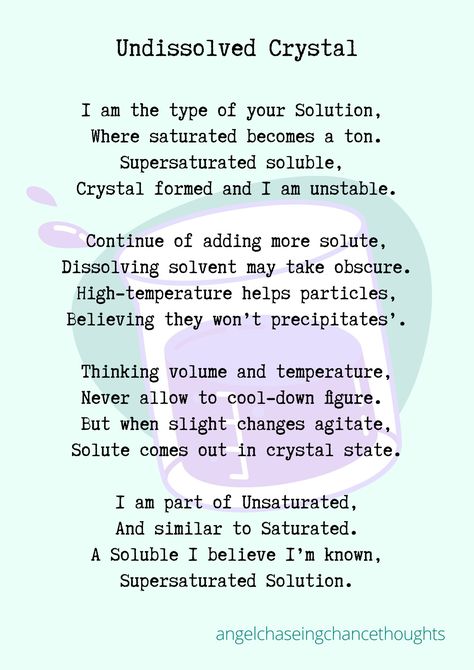 Science Activity. A Poem for Supersaturated Solution. #grade7 #scienceactivity #scienceideas #poem #solution #supersaturatedsolutionpoem _angelchaseingchancethoughts_ _myforesthoughts_ Science Poems, Science Activity, Science Student, My Angel, A Poem, Science Projects, Science Activities, Word Search Puzzle, How To Become