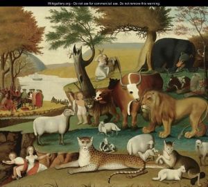 The Peaceable Kingdom by Edward Hicks; public domain Peaceable Kingdom, William Penn, Religious Painting, American Painting, Hur Man Målar, American Folk Art, Oil Painting Reproductions, Arte Animal, Naive Art