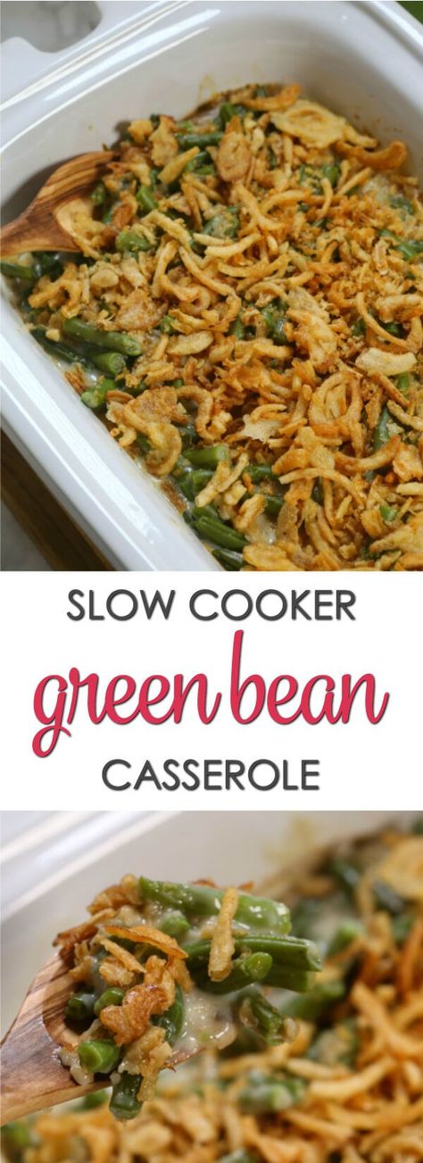 This Crockpot Green Bean Casserole is a time saving twist on a classic Thanksgiving recipe. It's easy to put together and doesn't take up precious oven space on the big day. It's definitely one of the best slow cooker recipes of all time. via @itsakeeperblog Slow Cooker Green Bean Casserole, Crockpot Green Bean Casserole, Crockpot Green Beans, Green Bean Casserole Crock Pot, Slow Cooker Green Beans, Slow Cooker Beans, Vegan Green Bean Casserole, Best Slow Cooker Recipes, Greenbean Casserole Recipe