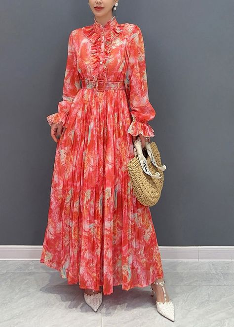 Long Dress Long Sleeve, Red Chiffon Dress, Chiffon Dress Long Sleeve, Chiffon Long Dress, Print Chiffon Dress, Chiffon Dress Long, Red Chiffon, Chiffon Material, Comfortable Room