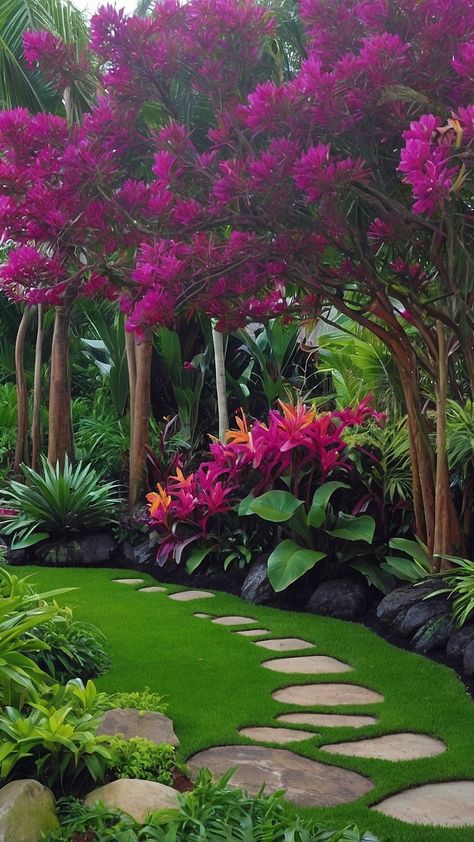 Magical Landscaping, Tropical Landscaping Front Yard, Tropical Backyard Ideas, Brentwood Oasis, Landscaping Tropical, Stunning Landscaping, Tropical Backyard Landscaping, Tropical Garden Ideas, Balinese Garden