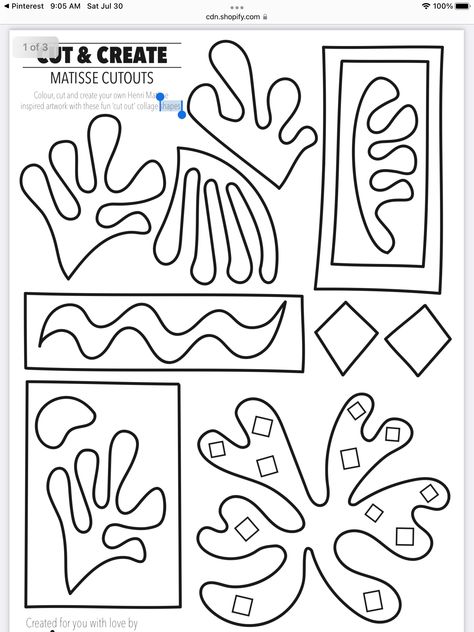 Matisse Art Project, Matisse Kids, Kids Art And Craft, Free Craft Templates, Activity Printables, Art History Lessons, Elementary School Art, Matisse Cutouts, Craft Templates