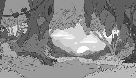 Pencil Drawing Background, Perspective Scenery, Poster Landscape Layout, Drawn Scenery, Forest Composition, Simple Comic Background, Game Background Design, Forest Background Drawing Tutorial, Adventure Time Background Landscape