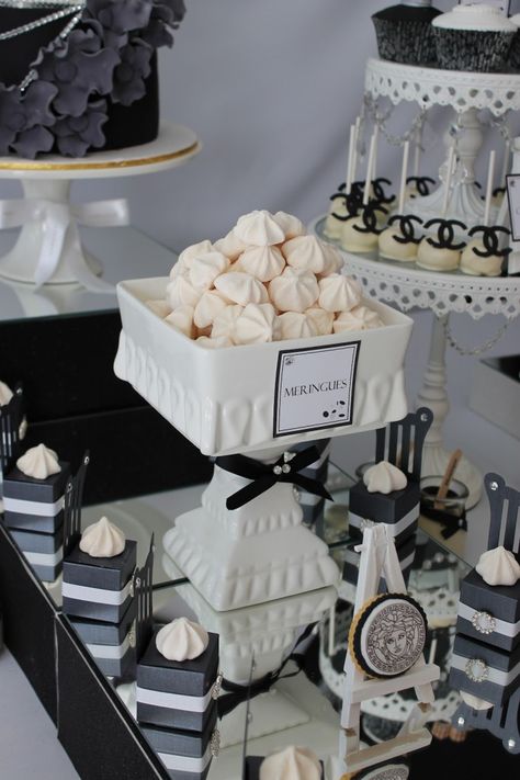 Fashion Birthday Party Ideas, White Dessert Tables, Fashion Birthday Party, White Party Theme, Buffet Dessert, White Desserts, Fashion Birthday, Chanel Party, White Baby Showers